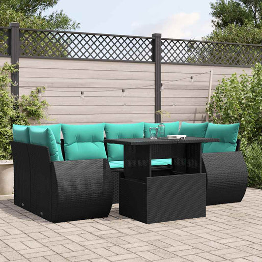 7-teiliges Gartensofa-Set mit Kissen, schwarzes Polyrattan