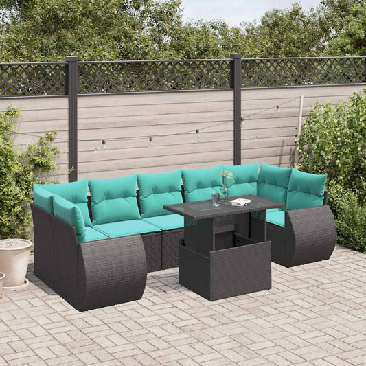 8-teiliges Gartensofa-Set mit Kissen, schwarzes Polyrattan