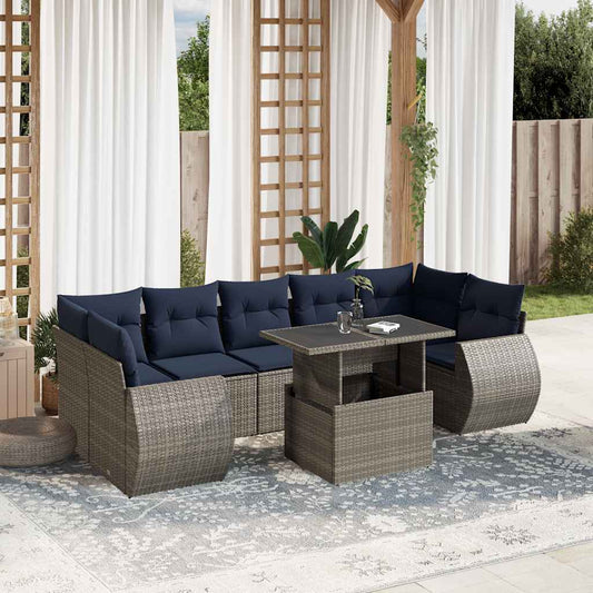 8-teiliges Gartensofa-Set mit Kissen, grau, Polyrattan