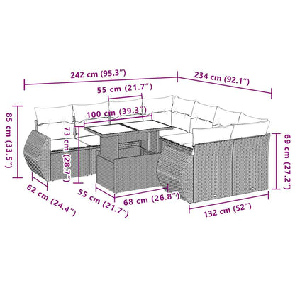 9-teiliges Gartensofa-Set mit Kissen, schwarzes Polyrattan
