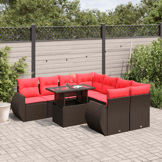 9-teiliges Gartensofa-Set mit Kissen, braun, Polyrattan