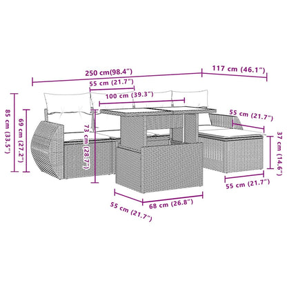 6-teiliges Gartensofa-Set mit Kissen, schwarzes Polyrattan