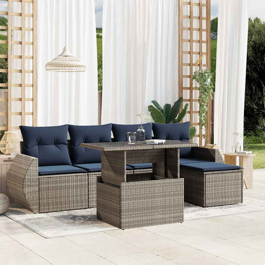 6-teiliges Gartensofa-Set mit Kissen, grau, Polyrattan
