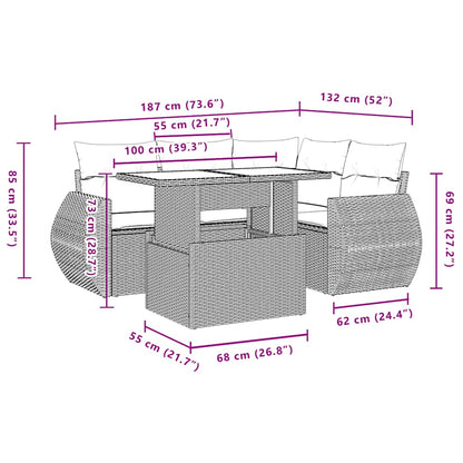 5-teiliges Gartensofa-Set mit Kissen, schwarzes Polyrattan