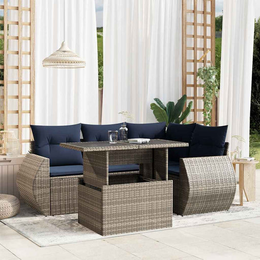 5-teiliges Gartensofa-Set mit Kissen, grau, Polyrattan