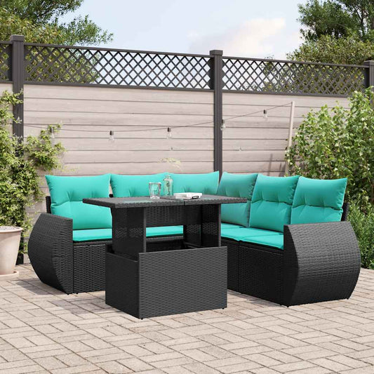6-teiliges Gartensofa-Set mit Kissen, schwarzes Polyrattan