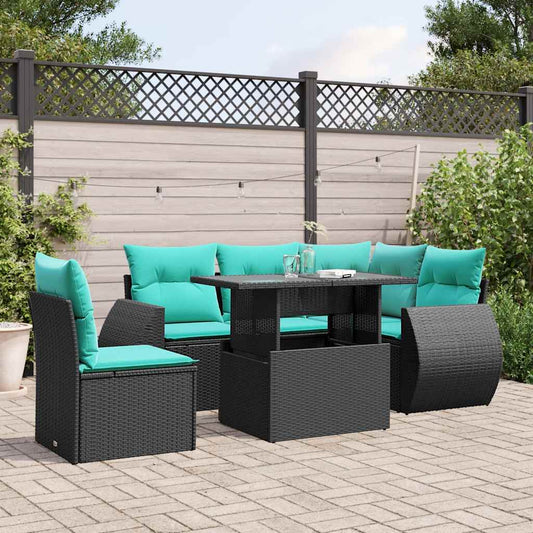 6-teiliges Gartensofa-Set mit Kissen, schwarzes Polyrattan