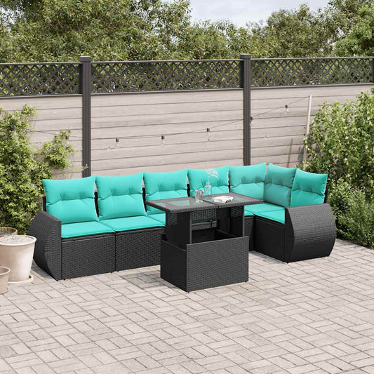 7-teiliges Gartensofa-Set mit Kissen, schwarzes Polyrattan