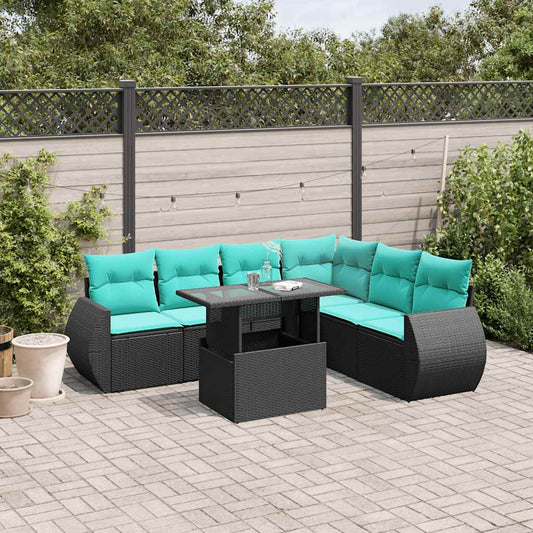 7-teiliges Gartensofa-Set mit Kissen, schwarzes Polyrattan