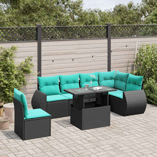 7-teiliges Gartensofa-Set mit Kissen, schwarzes Polyrattan