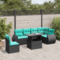 7-teiliges Gartensofa-Set mit Kissen, schwarzes Polyrattan