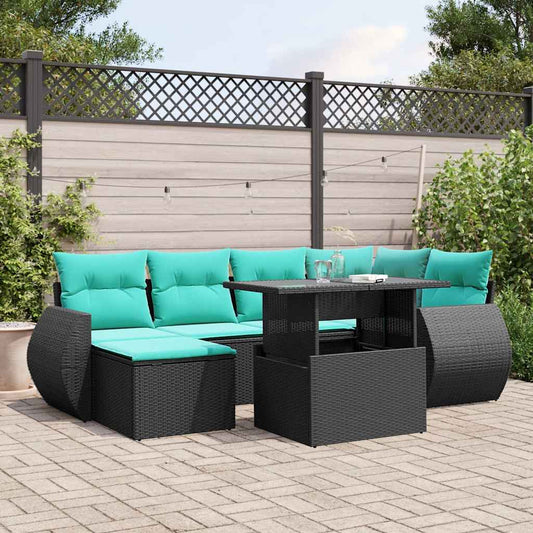 7-teiliges Gartensofa-Set mit Kissen, schwarzes Polyrattan