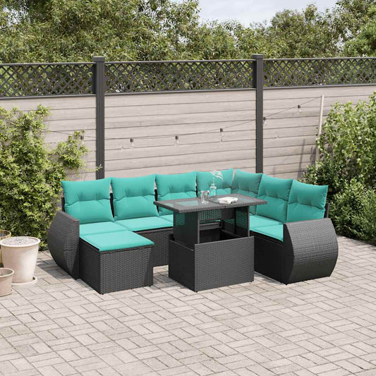 8-teiliges Gartensofa-Set mit Kissen, schwarzes Polyrattan