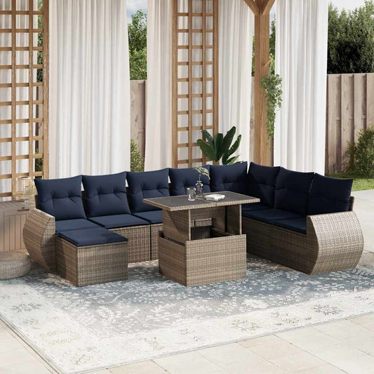 9-teiliges Gartensofa-Set mit Kissen, grau, Polyrattan