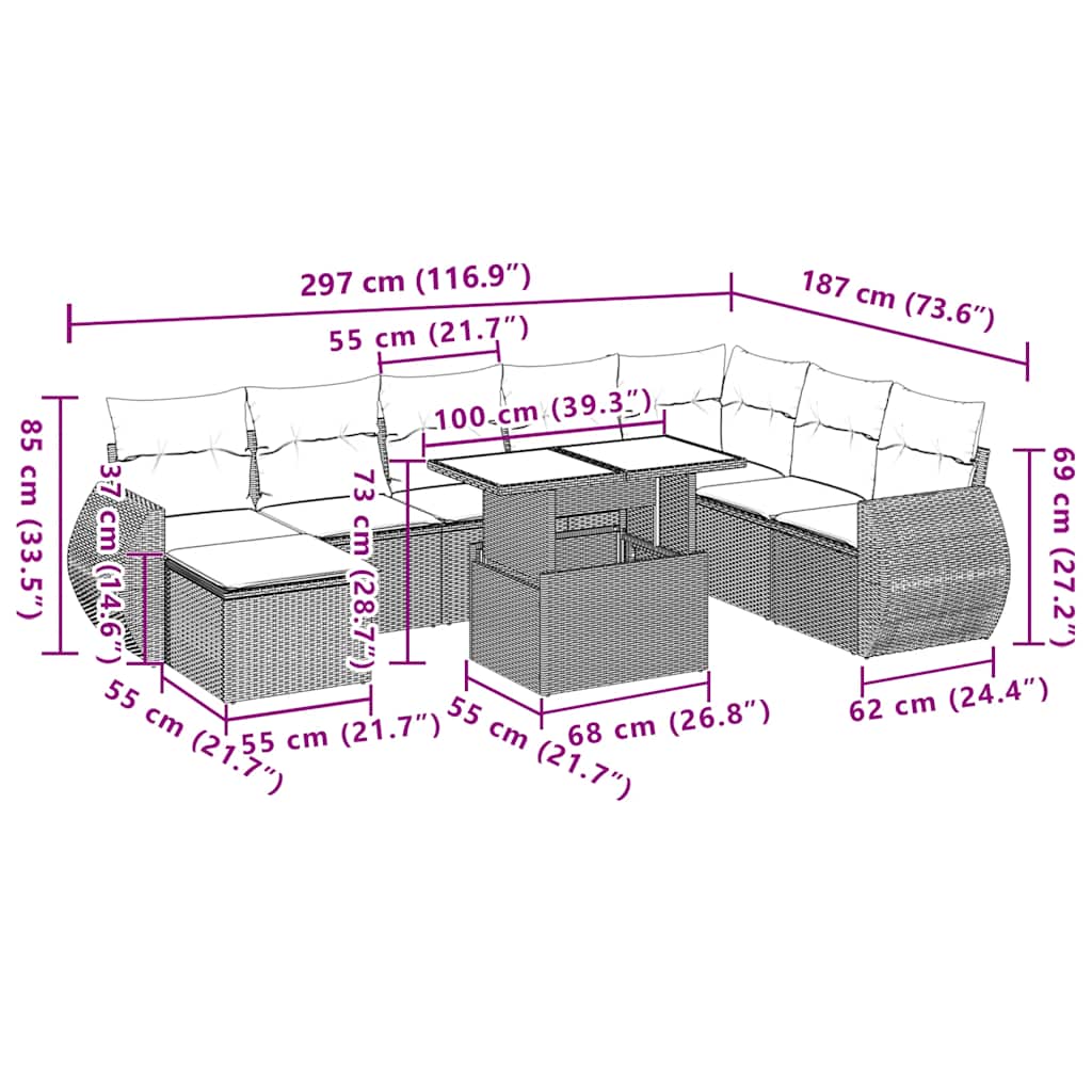 9-teiliges Gartensofa-Set mit Kissen, grau, Polyrattan