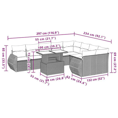 10-teiliges Gartensofa-Set mit Kissen, schwarzes Polyrattan