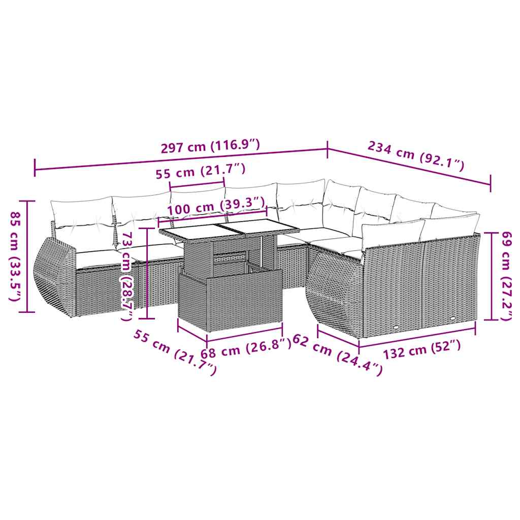 10-teiliges Gartensofa-Set mit Kissen, grau, Polyrattan