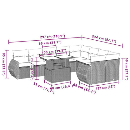 10-teiliges Gartensofa-Set mit Kissen, grau, Polyrattan