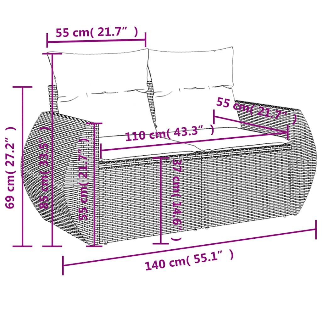 10-teiliges Gartensofa-Set mit Kissen, grau, Polyrattan
