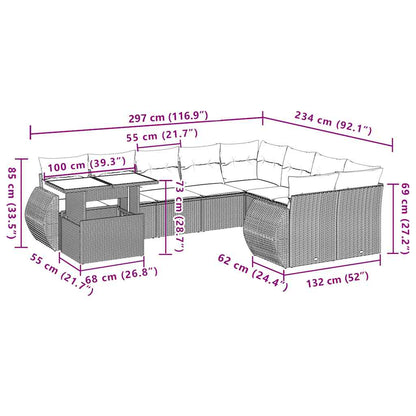 10-teiliges Gartensofa-Set mit Kissen, schwarzes Polyrattan