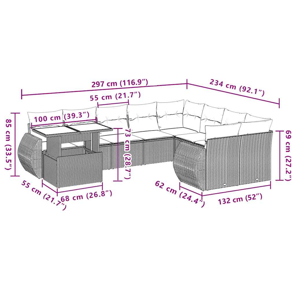 10-teiliges Gartensofa-Set mit Kissen, grau, Polyrattan