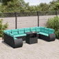 11-teiliges Gartensofa-Set mit Kissen, schwarzes Polyrattan