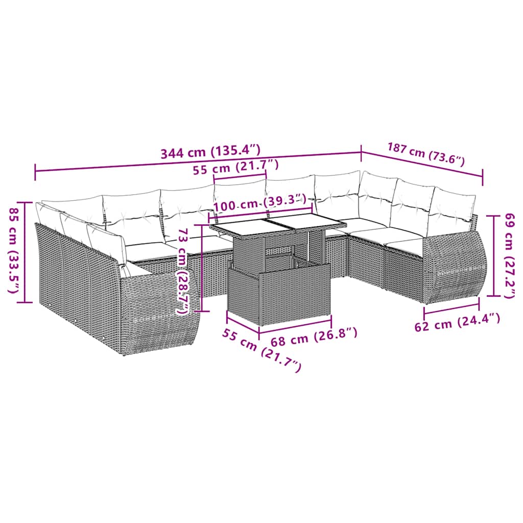 11-teiliges Gartensofa-Set mit Kissen, grau, Polyrattan
