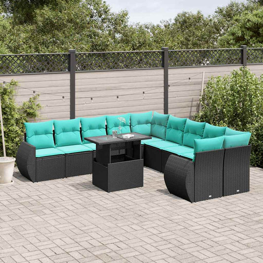11-teiliges Gartensofa-Set mit Kissen, schwarzes Polyrattan