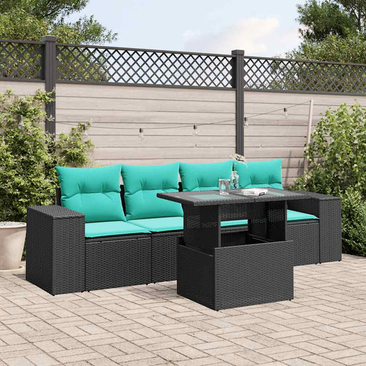 5-teiliges Gartensofa-Set mit Kissen, schwarzes Polyrattan