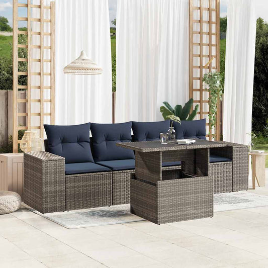 5-teiliges Gartensofa-Set mit Kissen, grau, Polyrattan