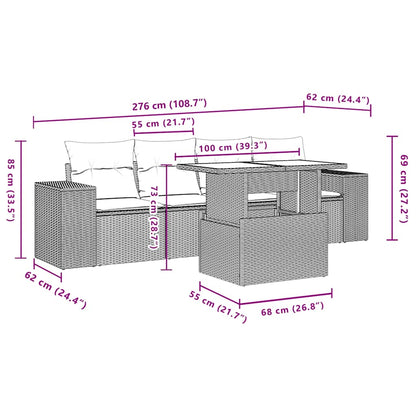 5-teiliges Gartensofa-Set mit Kissen, grau, Polyrattan
