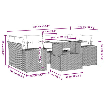 7-teiliges Gartensofa-Set mit Kissen, schwarzes Polyrattan