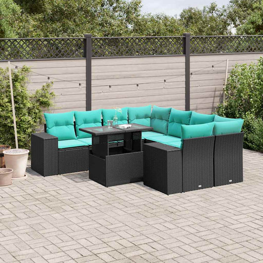 9-teiliges Gartensofa-Set mit Kissen, schwarzes Polyrattan