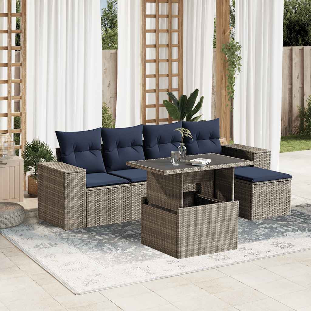6-teiliges Gartensofa-Set mit Kissen, grau, Polyrattan