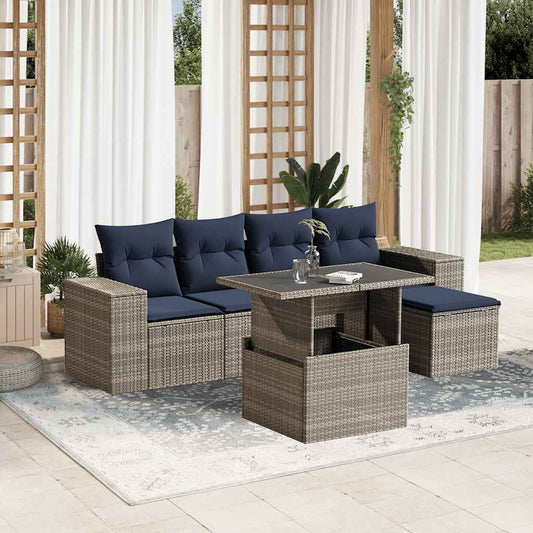 6-teiliges Gartensofa-Set mit Kissen, grau, Polyrattan