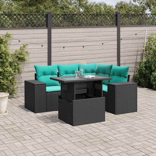 5-teiliges Gartensofa-Set mit Kissen, schwarzes Polyrattan