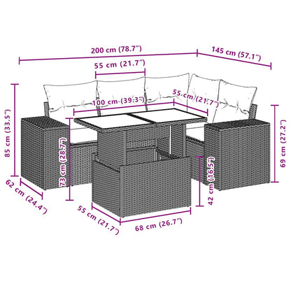 5-teiliges Gartensofa-Set mit Kissen, schwarzes Polyrattan