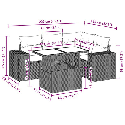 5-teiliges Gartensofa-Set mit Kissen, grau, Polyrattan