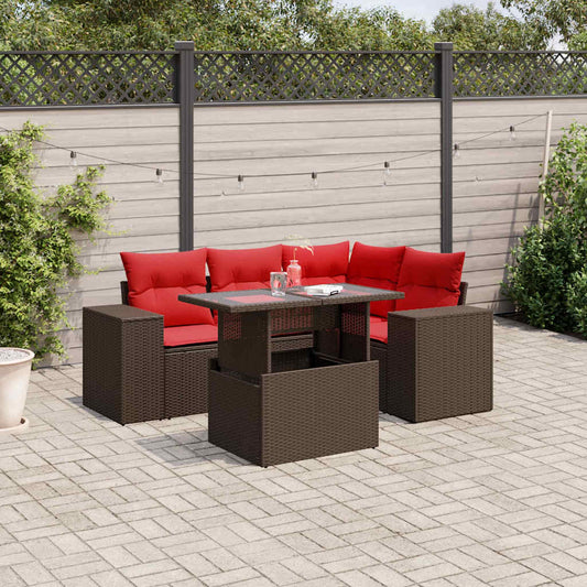 5-teiliges Gartensofa-Set mit Kissen, braun, Polyrattan