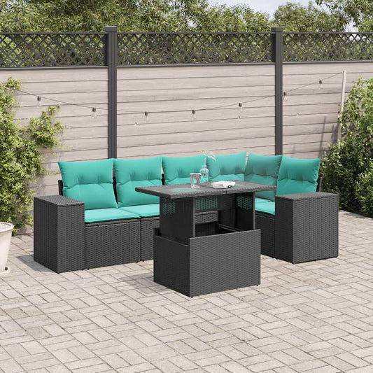 6-teiliges Gartensofa-Set mit Kissen, schwarzes Polyrattan