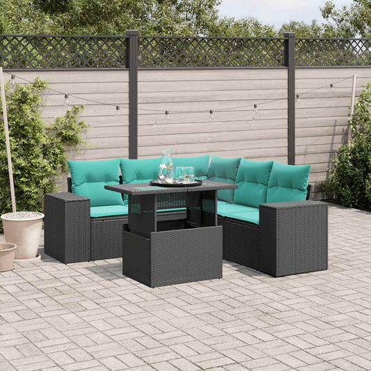 6-teiliges Gartensofa-Set mit Kissen, schwarzes Polyrattan