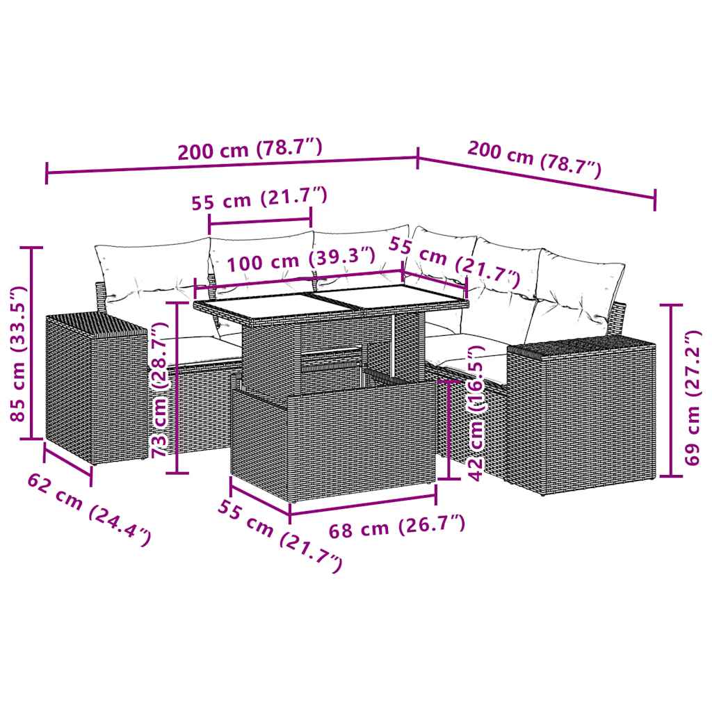 6-teiliges Gartensofa-Set mit Kissen, braun, Polyrattan