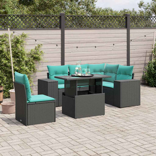 6-teiliges Gartensofa-Set mit Kissen, schwarzes Polyrattan