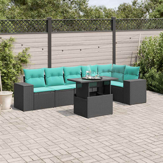 7-teiliges Gartensofa-Set mit Kissen, schwarzes Polyrattan