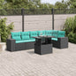 7-teiliges Gartensofa-Set mit Kissen, schwarzes Polyrattan