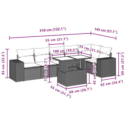 7-teiliges Gartensofa-Set mit Kissen, schwarzes Polyrattan