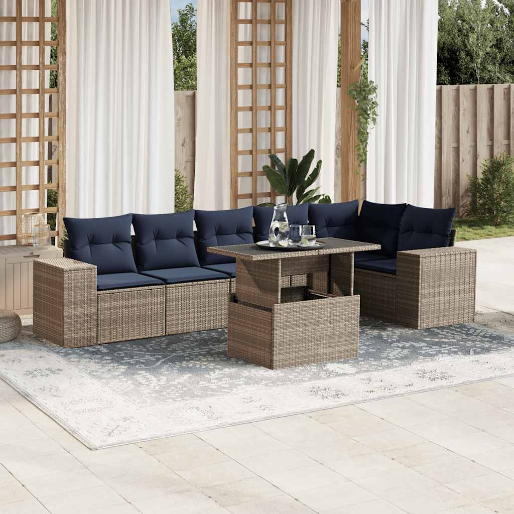 7-teiliges Gartensofa-Set mit Kissen, grau, Polyrattan