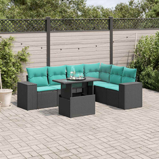 7-teiliges Gartensofa-Set mit Kissen, schwarzes Polyrattan