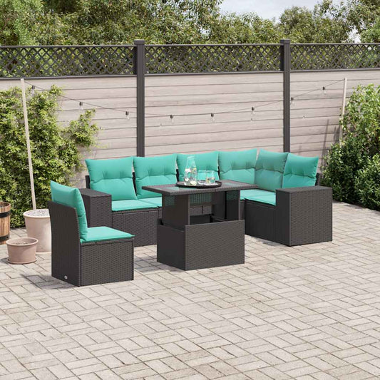 7-teiliges Gartensofa-Set mit Kissen, schwarzes Polyrattan