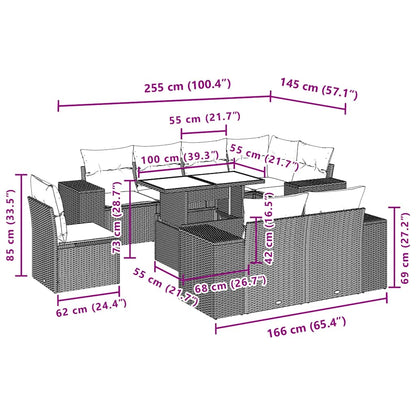 9-teiliges Gartensofa-Set mit Kissen, schwarzes Polyrattan